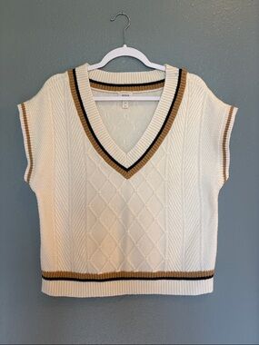 a.n.a Cream V-Neck Cable Knit Sweater Vest with Tan & Black Trim